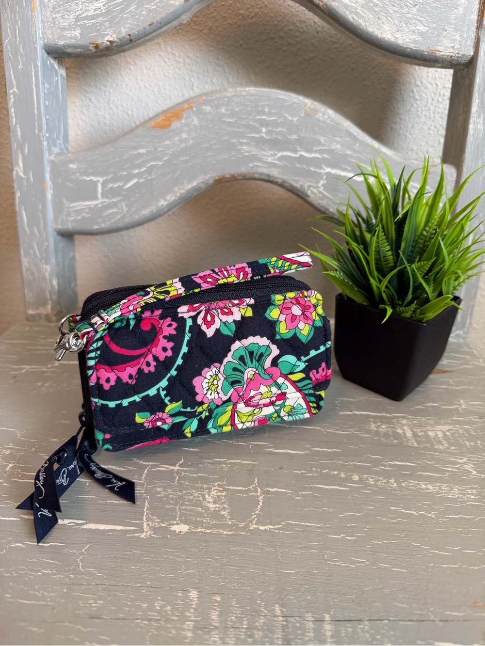 Vera Bradley Black Quilted Floral Zip Wallet with Pink & Green Accents